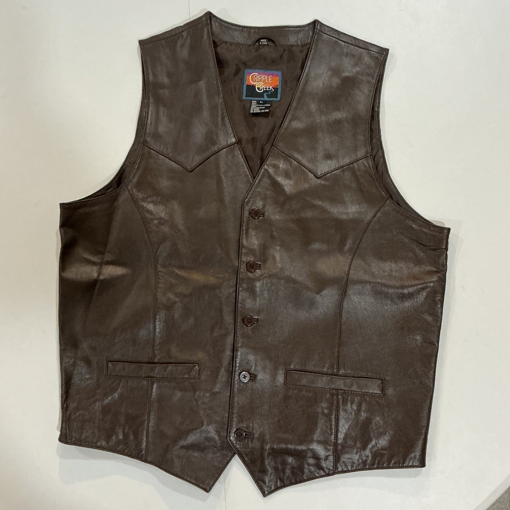 VTG 90s Cripple Creek Leather Western Vest L Brown Pointed Yoke Cowboy Biker